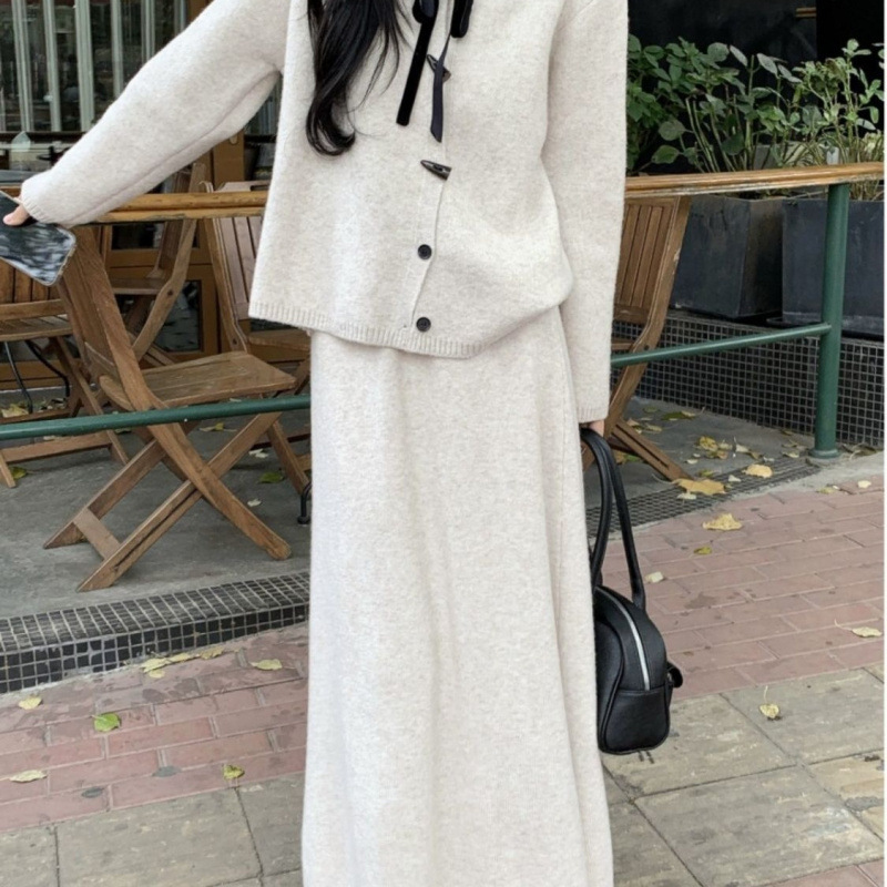 韩版圆领系带针织开衫时尚套装女秋冬新款宽松慵懒风半身裙两件套|undefined