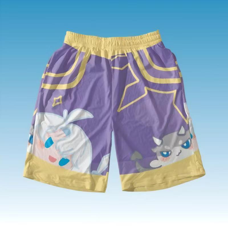 Popular Anime-Style Cute Cartoon Q-Version 3D Printed Beach Shorts, Mesh Fabric, Quick-Dry, Breathable, Loose-Fitting Casual Shorts