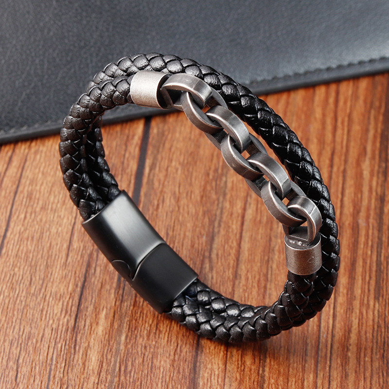 Men's Handmade Stainless Steel Bracelet 316L Black Leather Chain Bracelet Magnet Buckle Retro Jewelry L20249