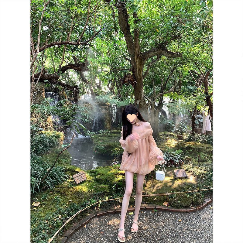 Spring Sweet Orange American Style Flowing Puff One-Shoulder Dress 2025 Summer Loose Elegant Top Spring Sweet Orange American Style Flowing Puff One-Shoulder Dress 2025 Summer Loose Elegant Top