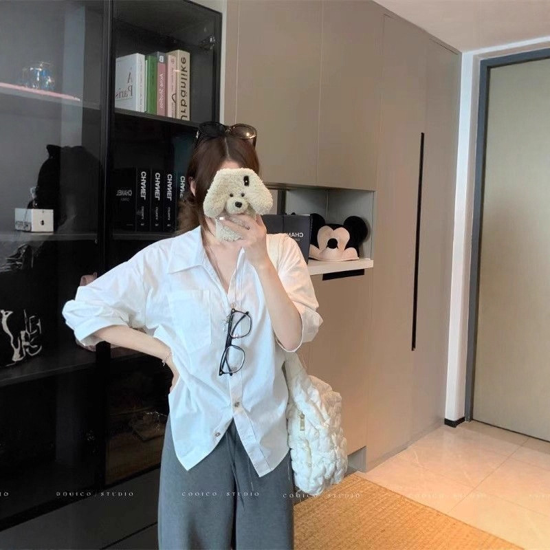 老钱风高级感翻领中袖衬衫女装秋季褶皱收腰宽松百搭白色气质上衣|undefined