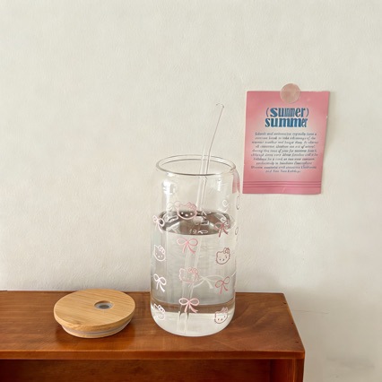 Taza de vidrio de alto silicio de silicio KT gato con taza de cola cubierta de paja de mesa conveniente taza de bambú cubierta de estudiantes resistente a altas temperaturas