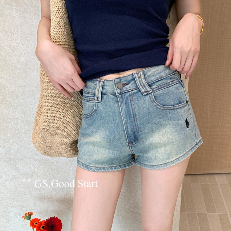 GS.GOOD START 夏万能クラシックロゴ刺繍ハイウエストスリムデニムショートパンツ(ベルト付き) G3018|undefined