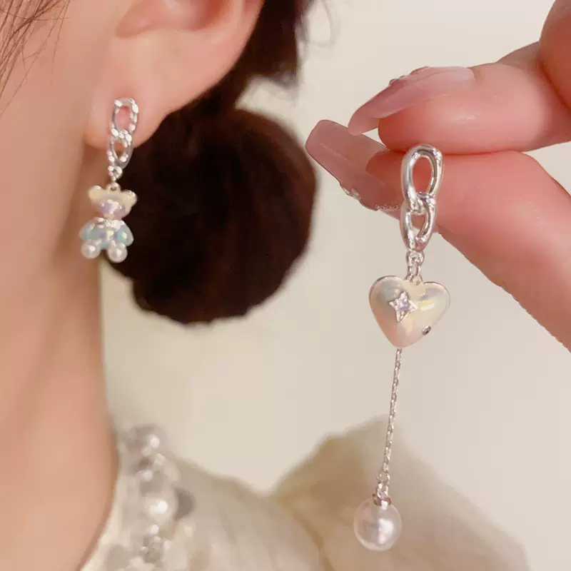 小众时尚设计感厚银AB款小熊爱心流苏耳坠个性独特高品质耳环批发