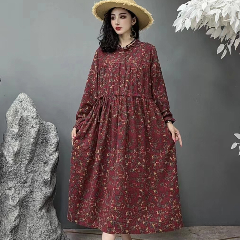 2024 autumn and winter cotton floral dress lace collar long sleeve waist drawstring lengthened women's dress
