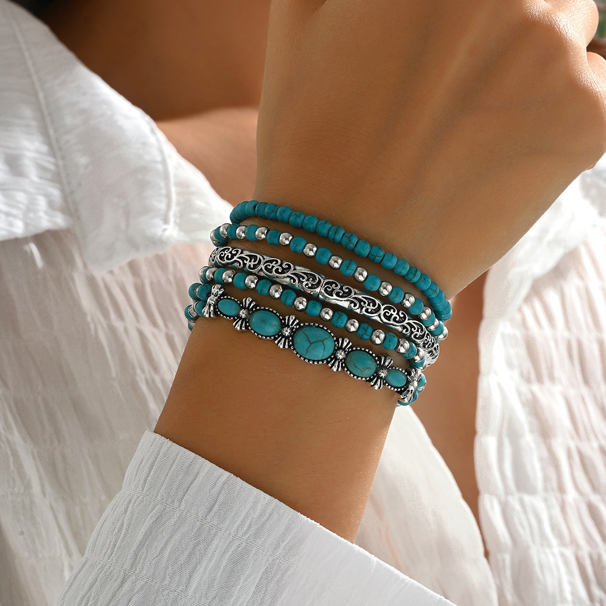 Cross-Border Bohemian Style Ancient Pattern Beaded Bow Bracelet Retro Turquoise Inlaid Bracelet Five-Piece Set