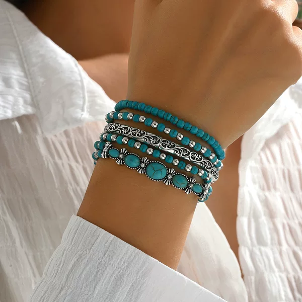 Cross-Border Bohemian Style Ancient Pattern Beaded Bow Bracelet Retro Turquoise Inlaid Bracelet Five-Piece Set