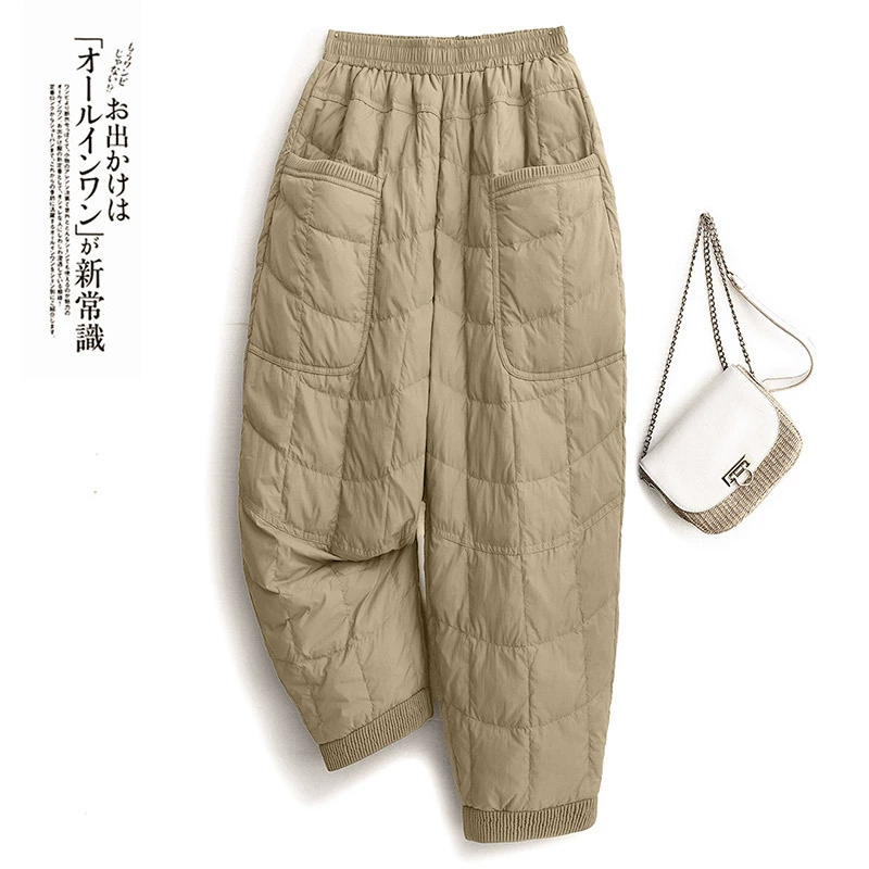 Demi-season down-filled lounge pants, loose-fit with elastic waist, plus-size in Coffee/Black/Khaki