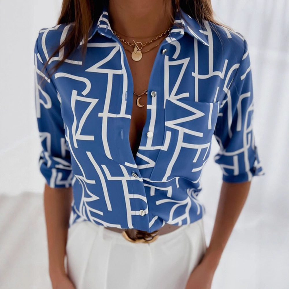 2022 tops transfronterizos de primavera y otoño de las mujeres europeas y americanas de comercio exterior independientes Amazon camisa de manga larga camisa estampada para mujeres