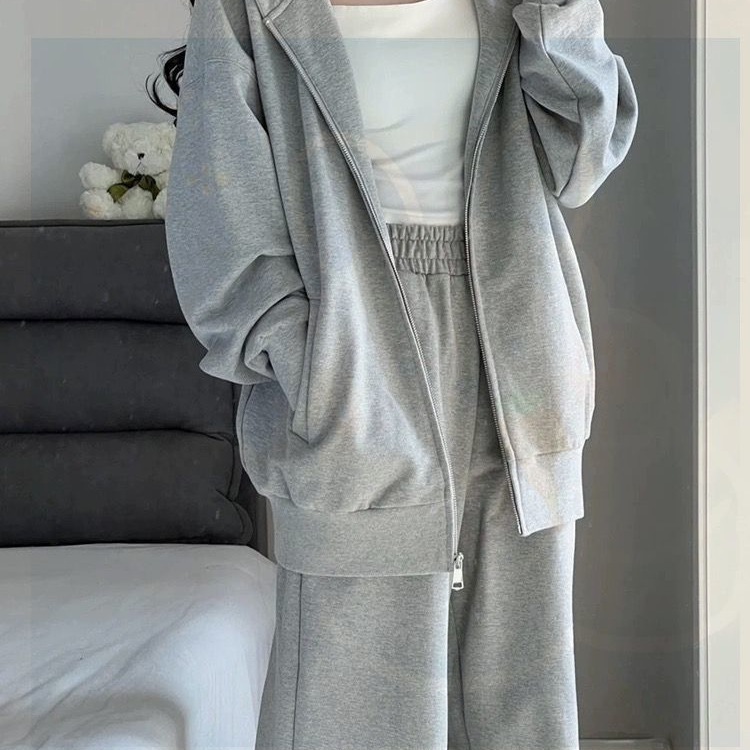 Casual Sports Suit for Women in Autumn and Winter New Loose Hooded Gray Sweatshirt Wide-Leg Pants Two-Piece Cardigan Jacket Trendy