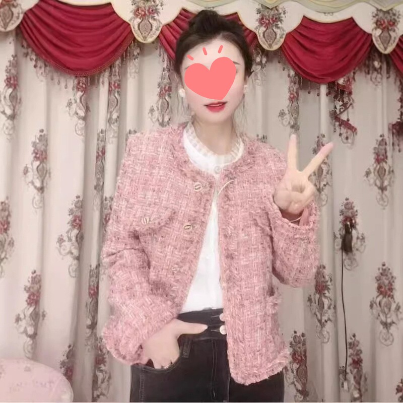 Foreign Trade Cotton Pink Small Fragrant Outwear for Women Winter New Classy Tweed Lady Style Top for Women Xiaohongshu