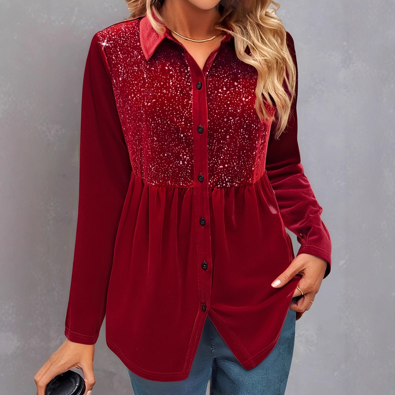 Cross-Border European and American Clothing Christmas Spring and Autumn Fashion Dinner Party Wedding Sequin Long-Sleeved Velvet Shirt Top Cross-Border European and American Clothing Christmas Spring and Autumn Fashion Dinner Party Wedding Sequin Long-Sleeved Velvet Shirt Top