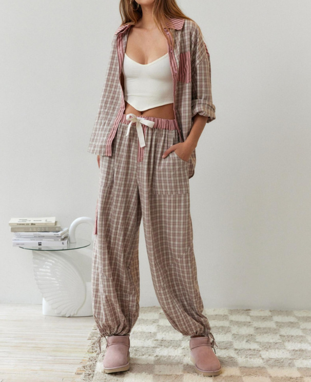 Women's Clothing Women's Plaid Shirt Set Long Sleeve Casual Home Wear Pajamas Autumn For Formal & Casual For Women_ecoleips.com