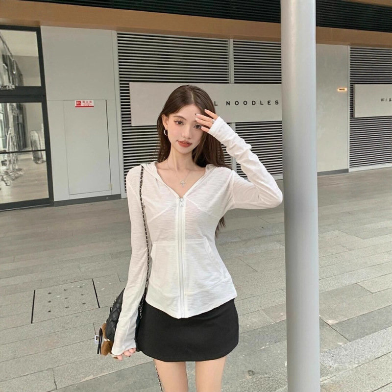 White Hooded Sun Protection Long-Sleeved Cardigan Jacket for Women Summer Thin Waist-Cinching Short Casual Sports Yoga Top