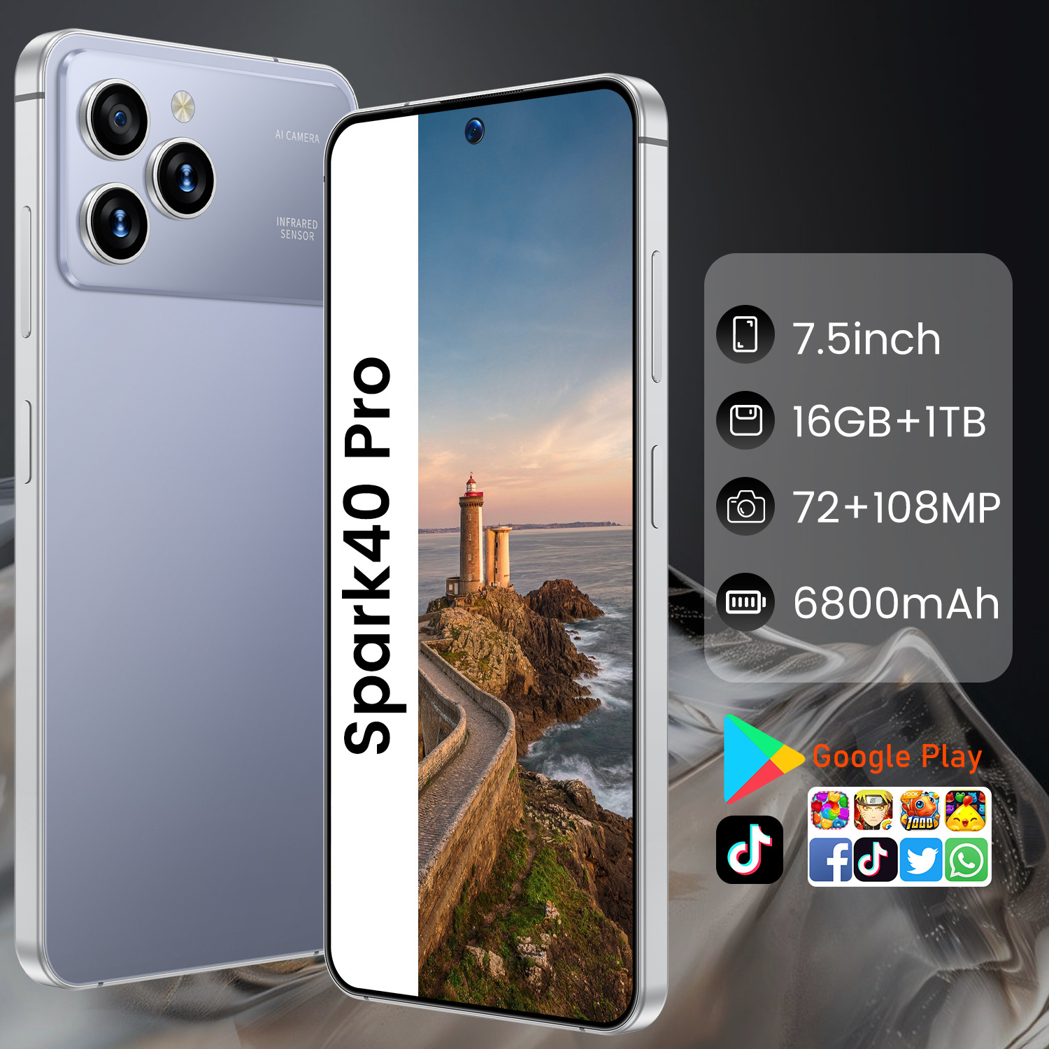 跨境手机Spark40 PRO真实7.2寸大屏16+1TB外资工厂全频段智能手机