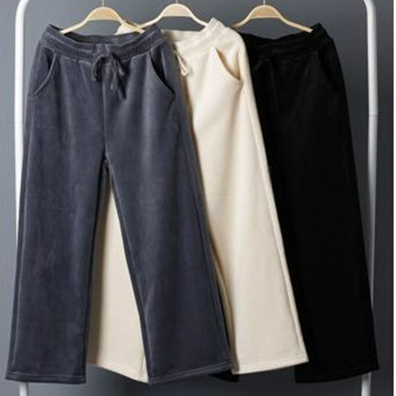 Широкие брюки женские зимние бархатные толстые брюки 2024 корейская версия тонкая прямая, высокая талия, вертикальные повседневные женские брюки европейская вата