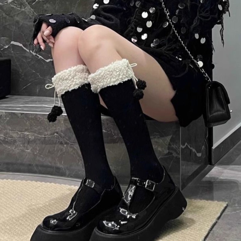 毛球加绒lolita过膝袜子女秋冬季长筒加厚日系jk洛丽塔白色小腿袜|undefined
