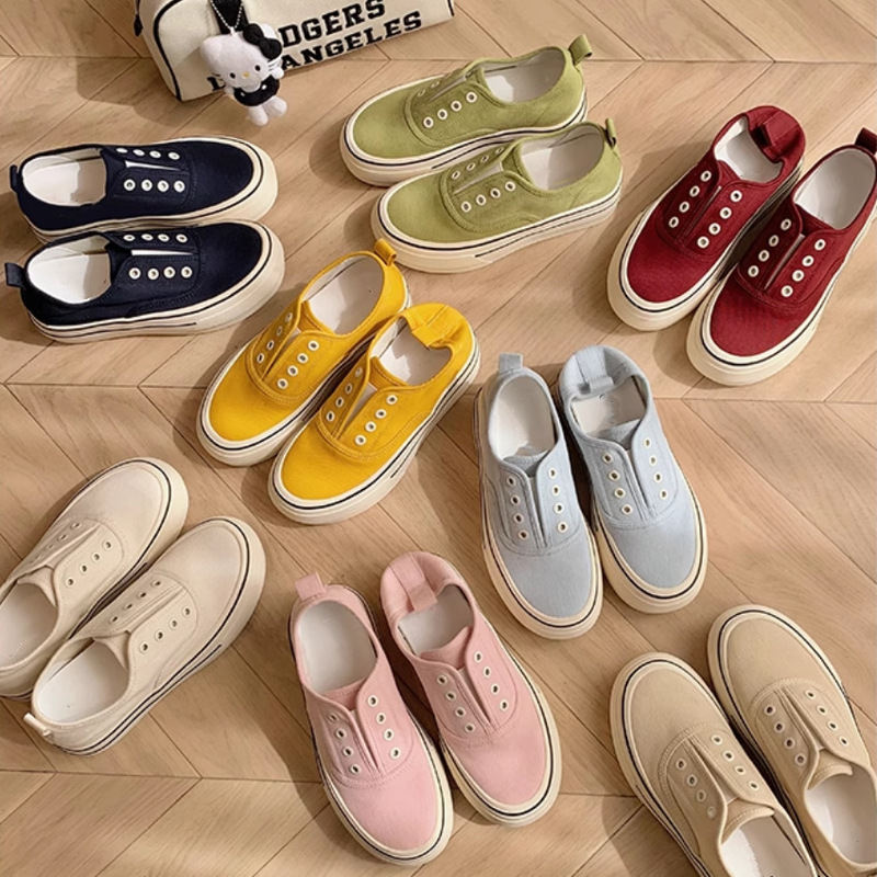 Slip-On Canvas Shoes for Women, Summer 2025, Trendy, Breathable, Round Toe, Versatile, Thick-Soled, Height-Increasing, Casual Lace-Up Sneakers