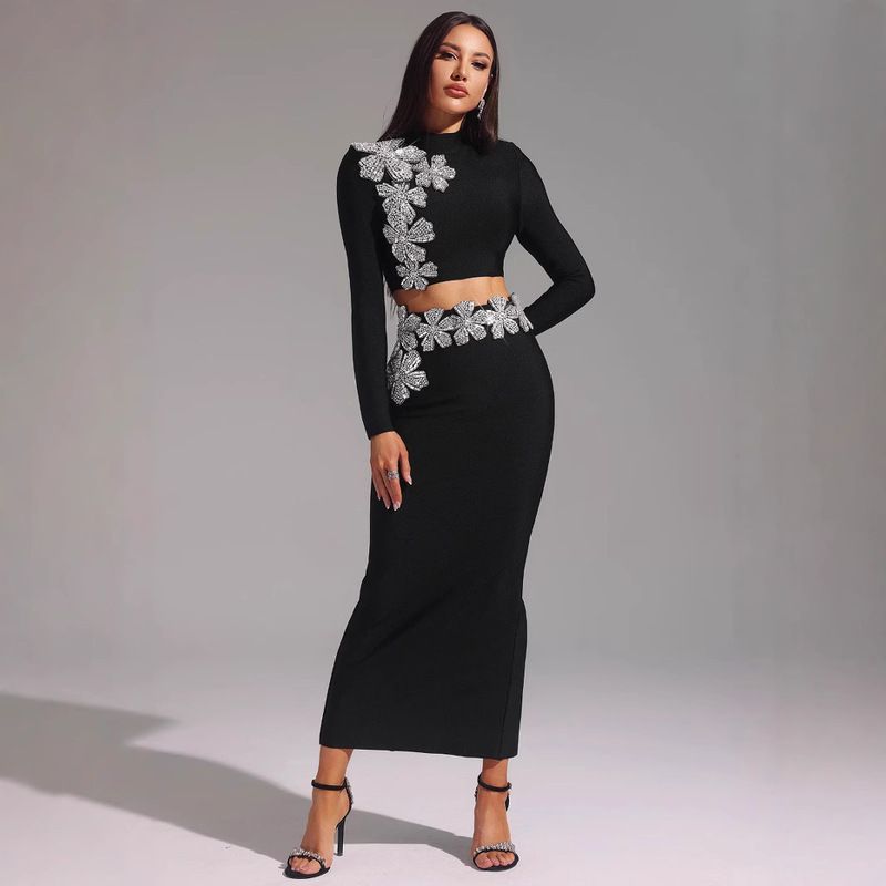 Two-Piece Set with Rhinestone-Embellished Round Neck Long-Sleeve Top and High-Waisted Bandage Skirt Dress with Rhinestone Decoration