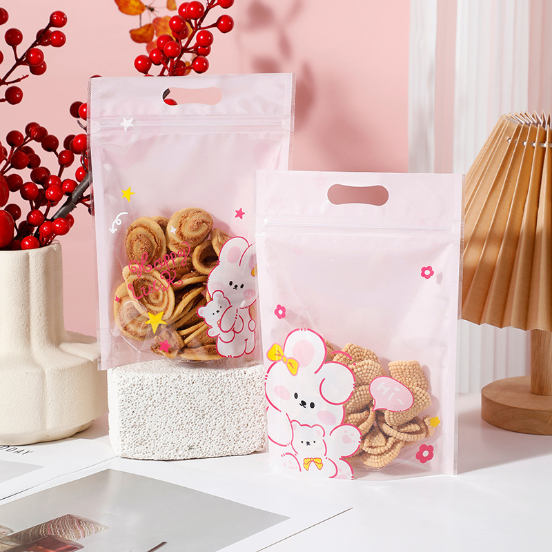 2025新款可爱卡通兔子雪花酥礼品拉链袋手提袋牛轧糖自立袋50个装