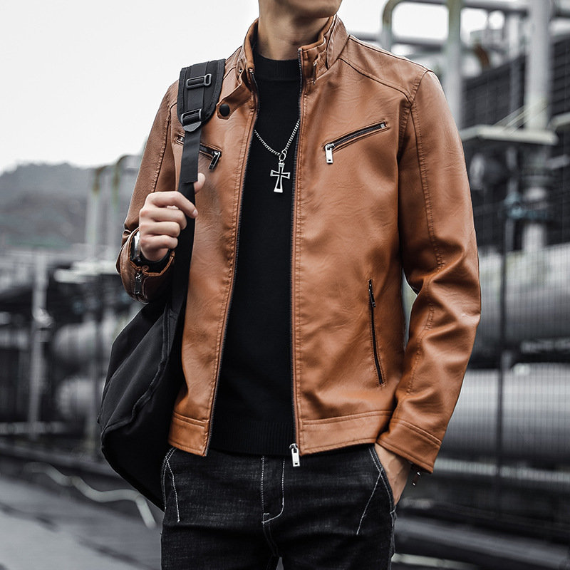 Cross-border Amazon Men's pu Leather Jacket Men's Trendy Teenager Stand Collar Punk Men's Motorcycle Leather Jacket