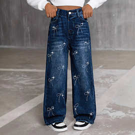 童装牛仔工厂四季款儿童宽松阔腿休闲牛仔女孩子蝴蝶结烫钻牛仔裤