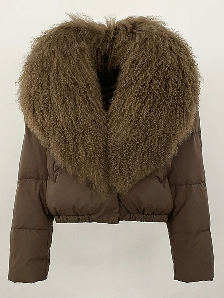Down jacket Elite, velvet‑woolen shell, white duck down fill, detachable lamb‑wool collar