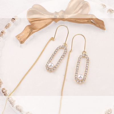 Ji Jie Spring New products Geometry Diamond Pearl Hollow Oval Ear line Ladies temperament tassels Jewelry