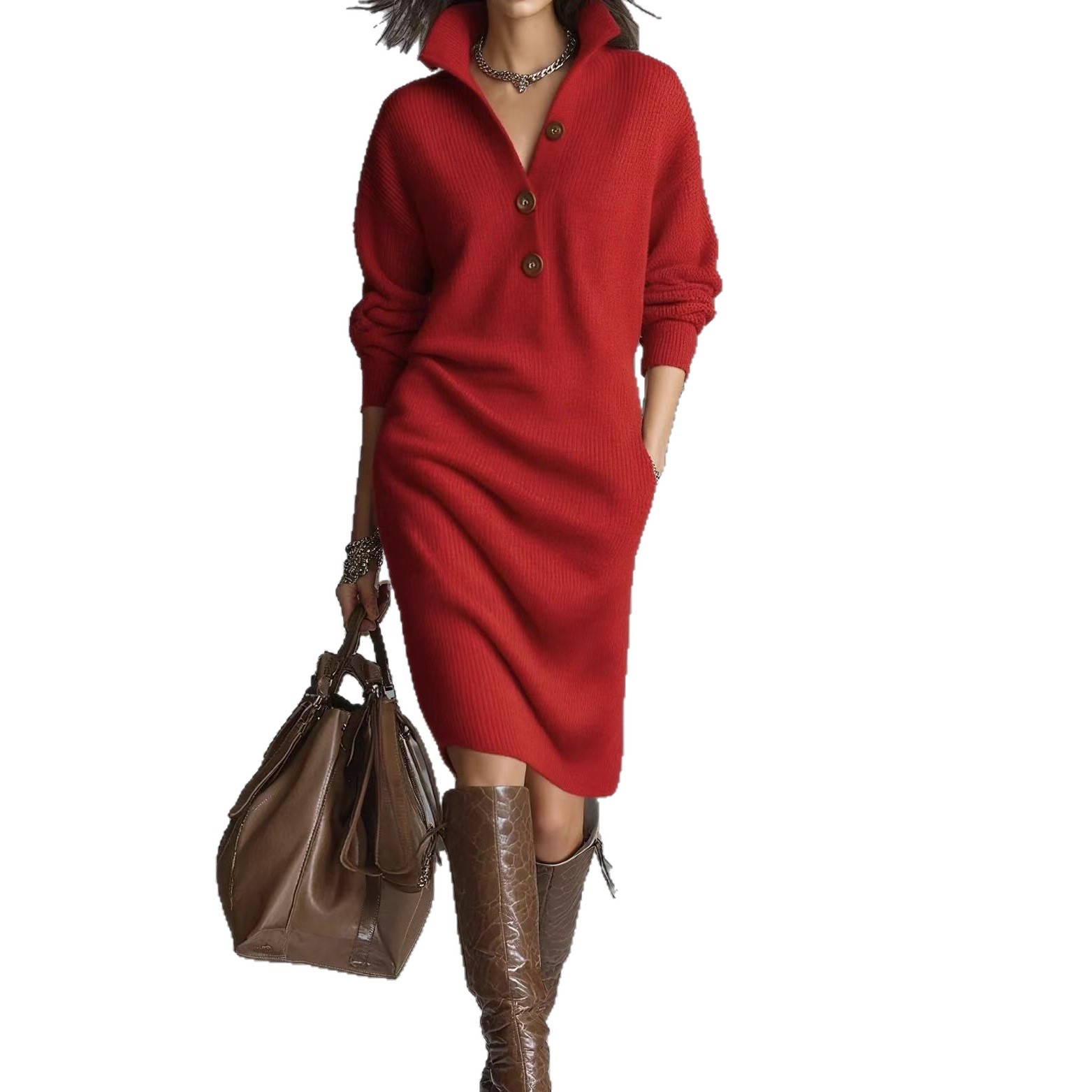 Robe pull mi-longue décontractée d'automne pour femme, style européen/américain, en maille droite, col boutonné, longueur standard._voghion.com