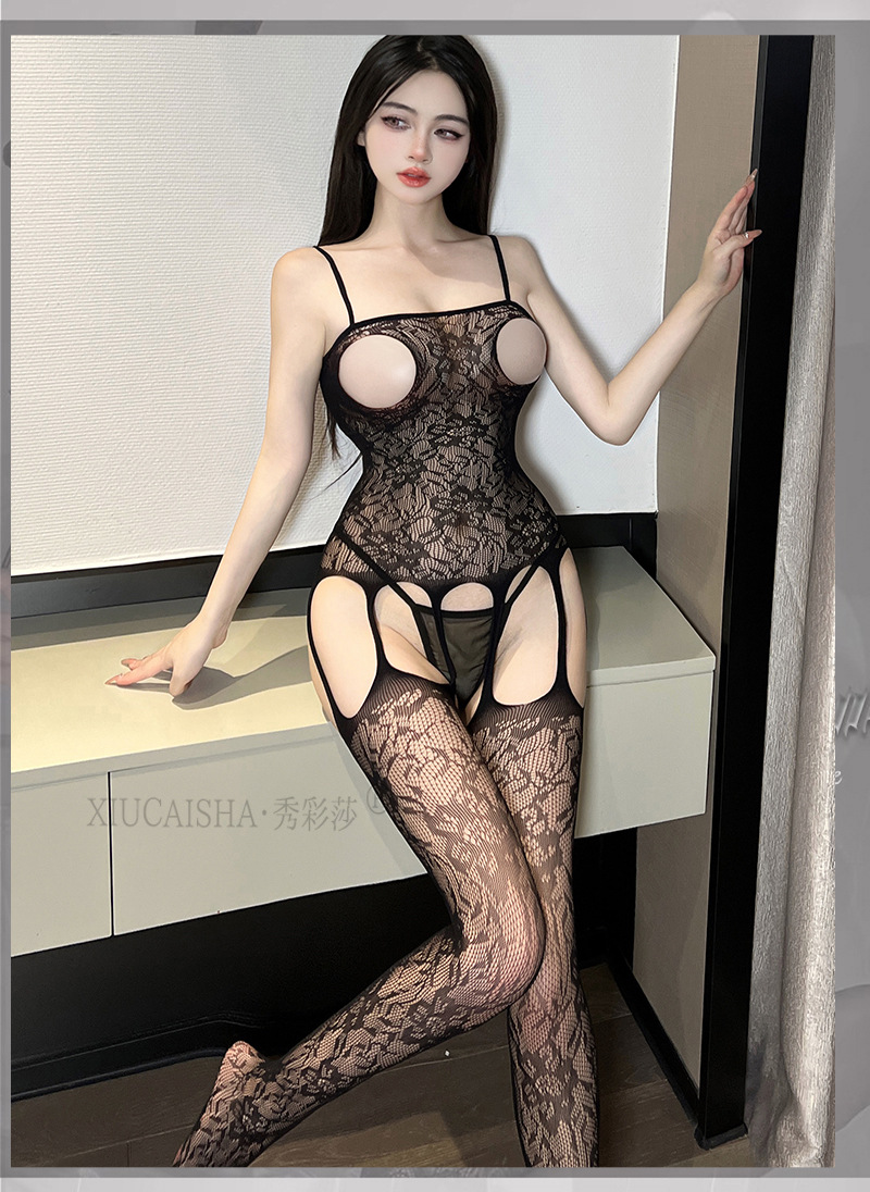 Black Fishnet Open-Crotch Lingerie Set with See-Through Stockings, Plus Size — detail image 15