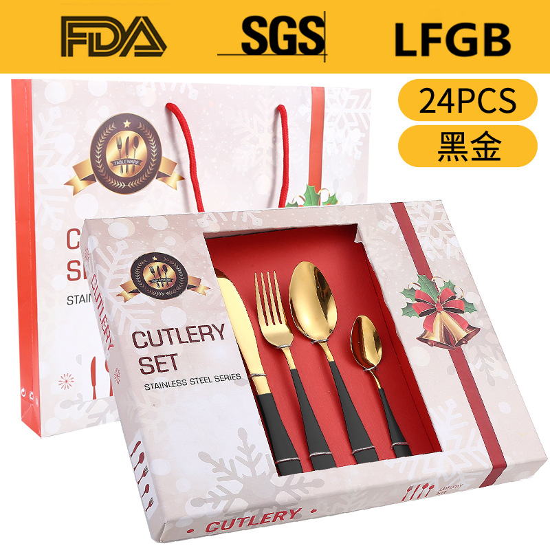 Amazon popular vajilla de acero inoxidable 24 piezas traje 1012 cuatro piezas principales cuchillo de comida occidental, tenedor y cuchara traje de caja de regalo de Navidad