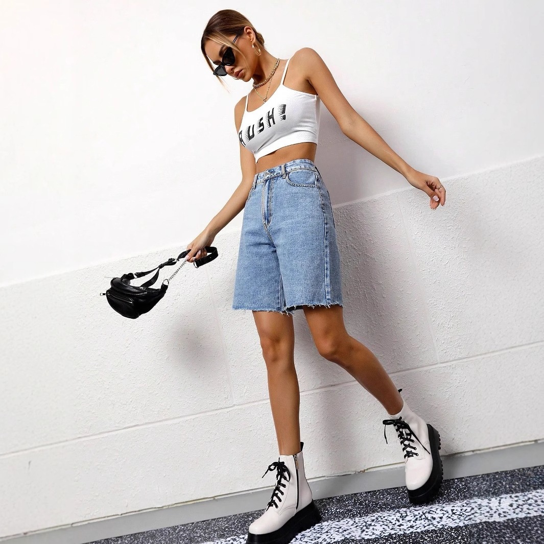 2026 European and American Cross-Border Trendy Women's Fashion Amazon Independent Site Loose Casual Washed Denim Five-Point Denim Shorts