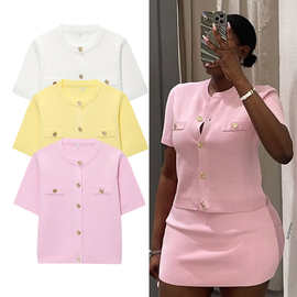 跨境欧美女装针织开衫白色新款短袖针织衫上衣女亚马逊外贸批发