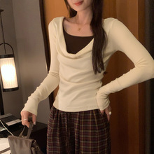 欧货单穿橘红色荡领长袖T恤女2025新款早秋chic别致假两件上衣