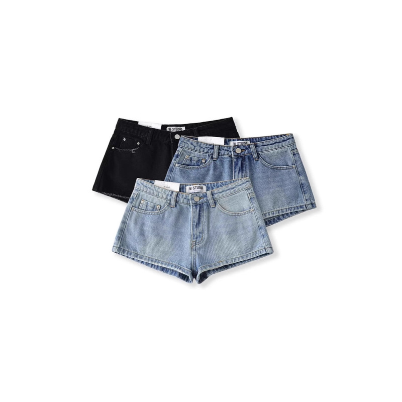 American Hot Girl Retro Style Mid-Low Waist Mini Washed Distressed Denim Shorts Versatile Hip-Hugging Slimming Sexy Hot Pants