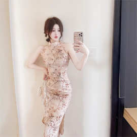 5022跨境夏印花改良旗袍挂脖系带显瘦开叉无袖性感削肩中长连衣裙