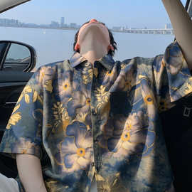 日系复古衬衣夏季薄款冰丝水墨短袖衬衫男士潮流痞帅休闲法式港风