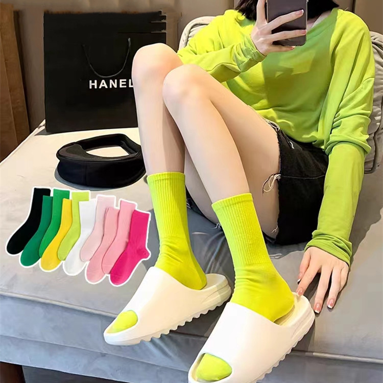 White mid-calf length socks women's autumn cotton versatile summer thin sports trendy cotton student fluorescent stockings
