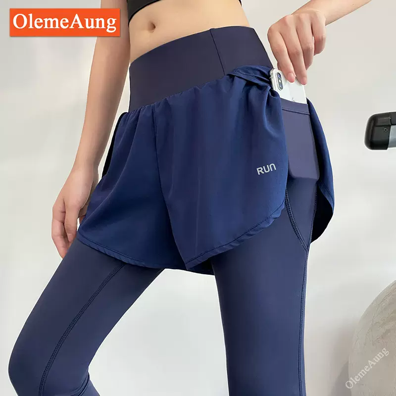 假两件瑜伽长裤女 侧口袋健身裤速干跑步紧身裤防走光运动长裤