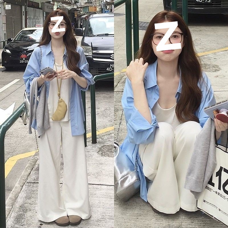 春季高级浅蓝色衬衫女长袖外穿宽松学生打底盐系韩版衬衣上衣洋气|undefined