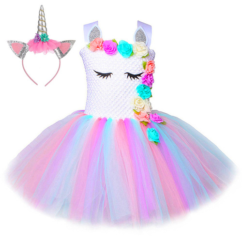 Unicorn tutu skirt with lining and headband for girls, mesh princess dress for holiday performances and formal occasions.