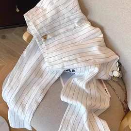 黑白竖条纹阔腿长裤女春秋新款高腰垂感休闲裤子直筒宽松bf慵懒风