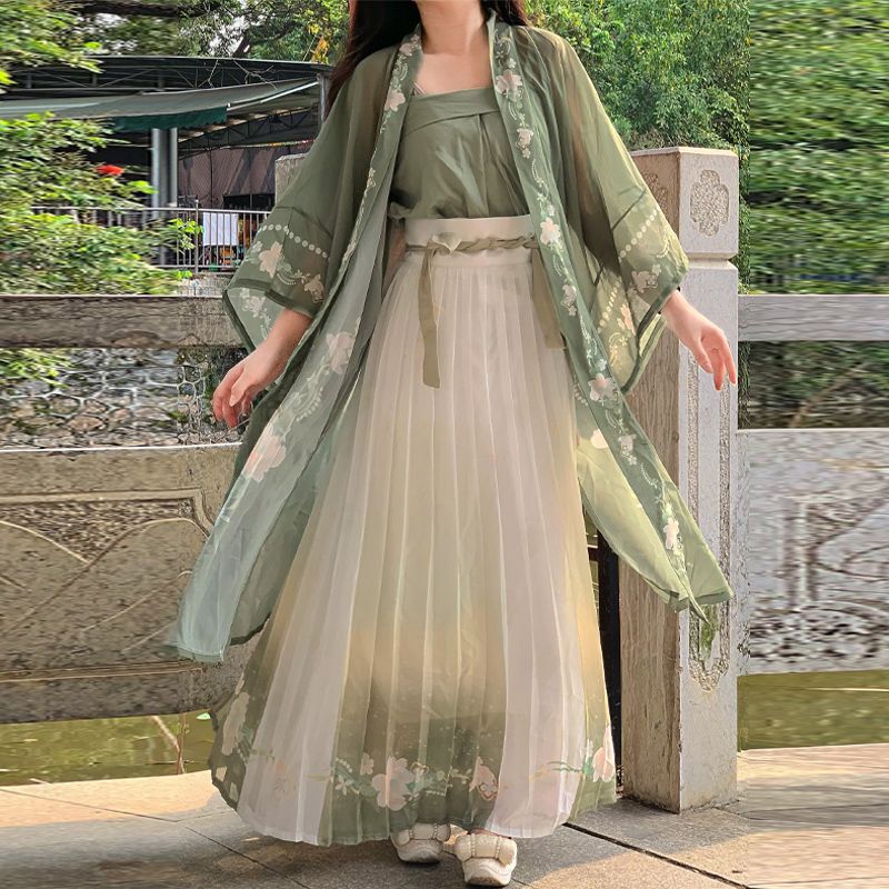 2025 Spring, Summer and Autumn Large Sleeve Shirt Elegant Han Dynasty Women's Printed Complete Set of Waist-Length Pleated Skirt Daily Fresh