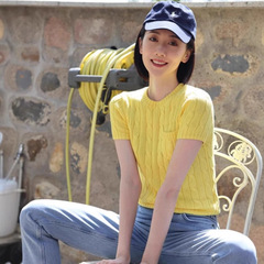 RL ラフポニーロゴ刺繍ツイスト半袖セーター、女性用、ポケット付きハイエンドケーブルワームホースニット半袖