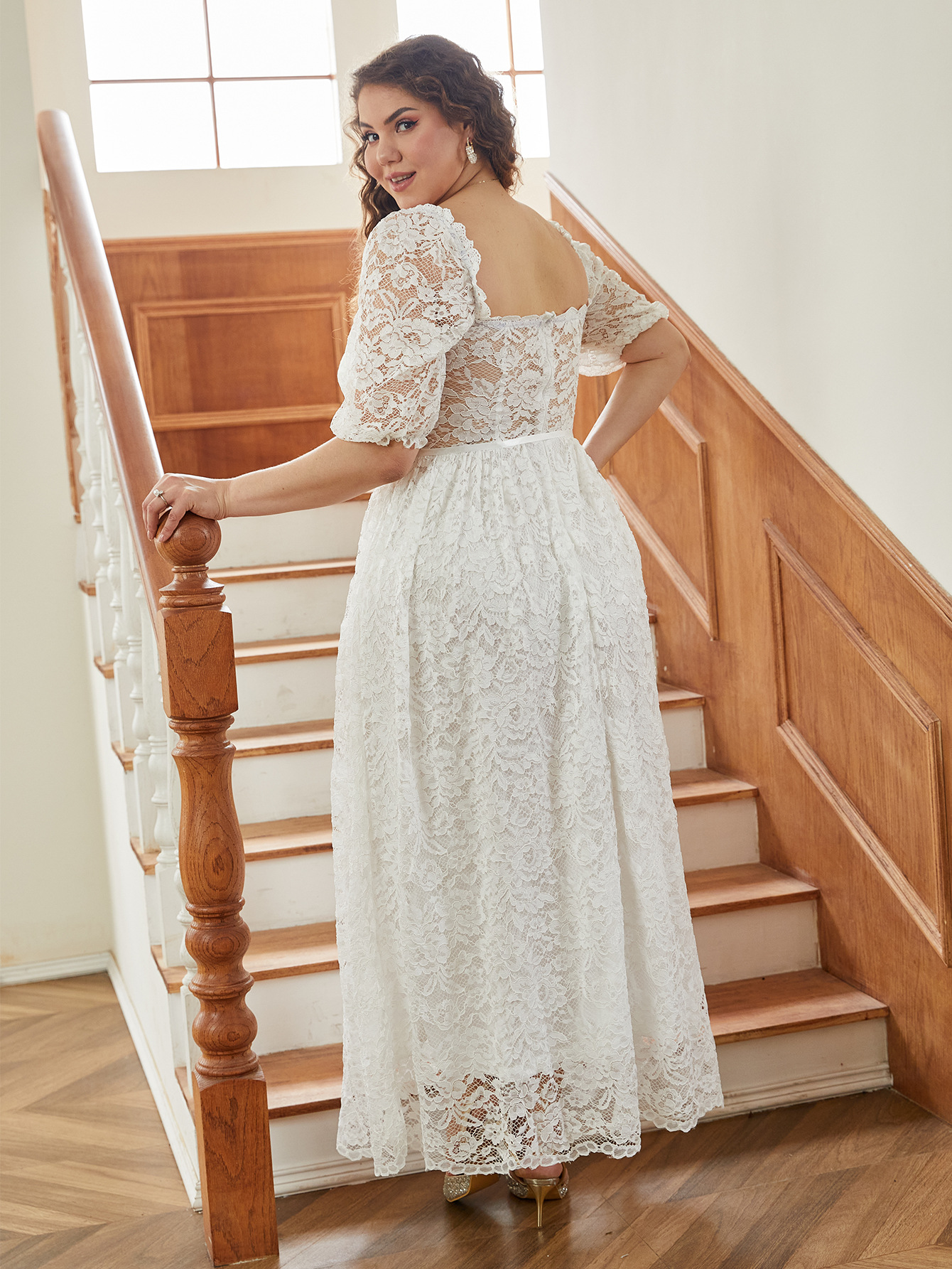 Vestidos de talla grande para comercio exterior europeo y americano, vestidos largos de Amazon, mangas abullonadas, vestidos de encaje europeos y americanos, vestidos de gala.