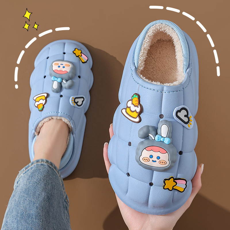 Pareja de invierno Zapatillas de algodón bolsa de mujer talón forrado de lana cálido hogar peludo dibujos animados impermeable slip-on zapatos de algodón de suela gruesa hombres