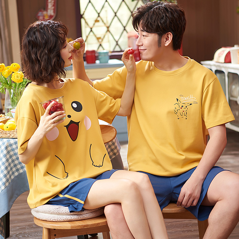 2021夏季薄款短袖短褲情侶棉質睡衣女男士卡通家居服套裝壹件代發