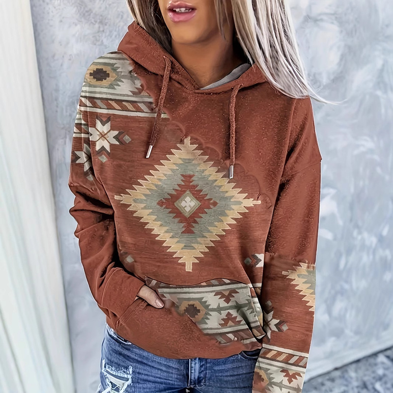Cross-border Hot Selling Women's Casual Fashion Round Neck Pullover Hoodie Western Ethnic Style Vintage Printed Women's Top Hoodie