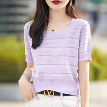 (商场同款)冰丝针织短袖t恤女2024新款夏季气质彩点设计感打底衫