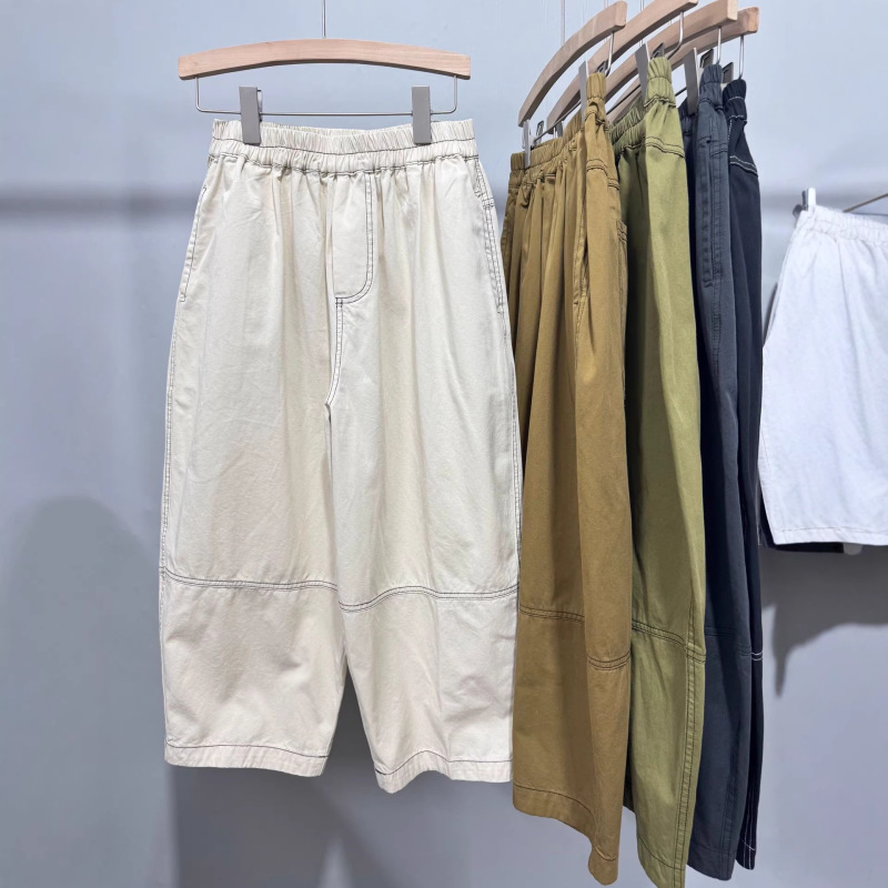 2026 Early Spring Women's Casual Workwear Style Loose-Fitting Cropped Pants with Elastic Waist and Contrast Stitching, In-Stock Wholesale